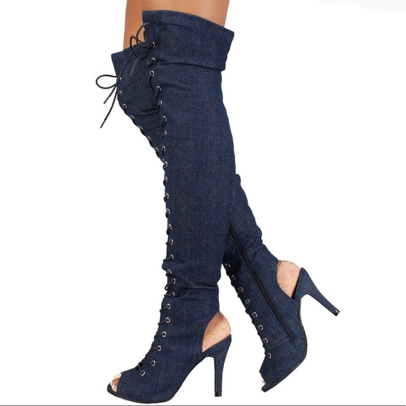 Forever Link Shoes - New Women Dk.Blue Fancy-9 Over Knee Boot Peep Toe Forever Link Shoes - New Women Dk.Blue Fancy-9 Over Knee Boot Peep Toe